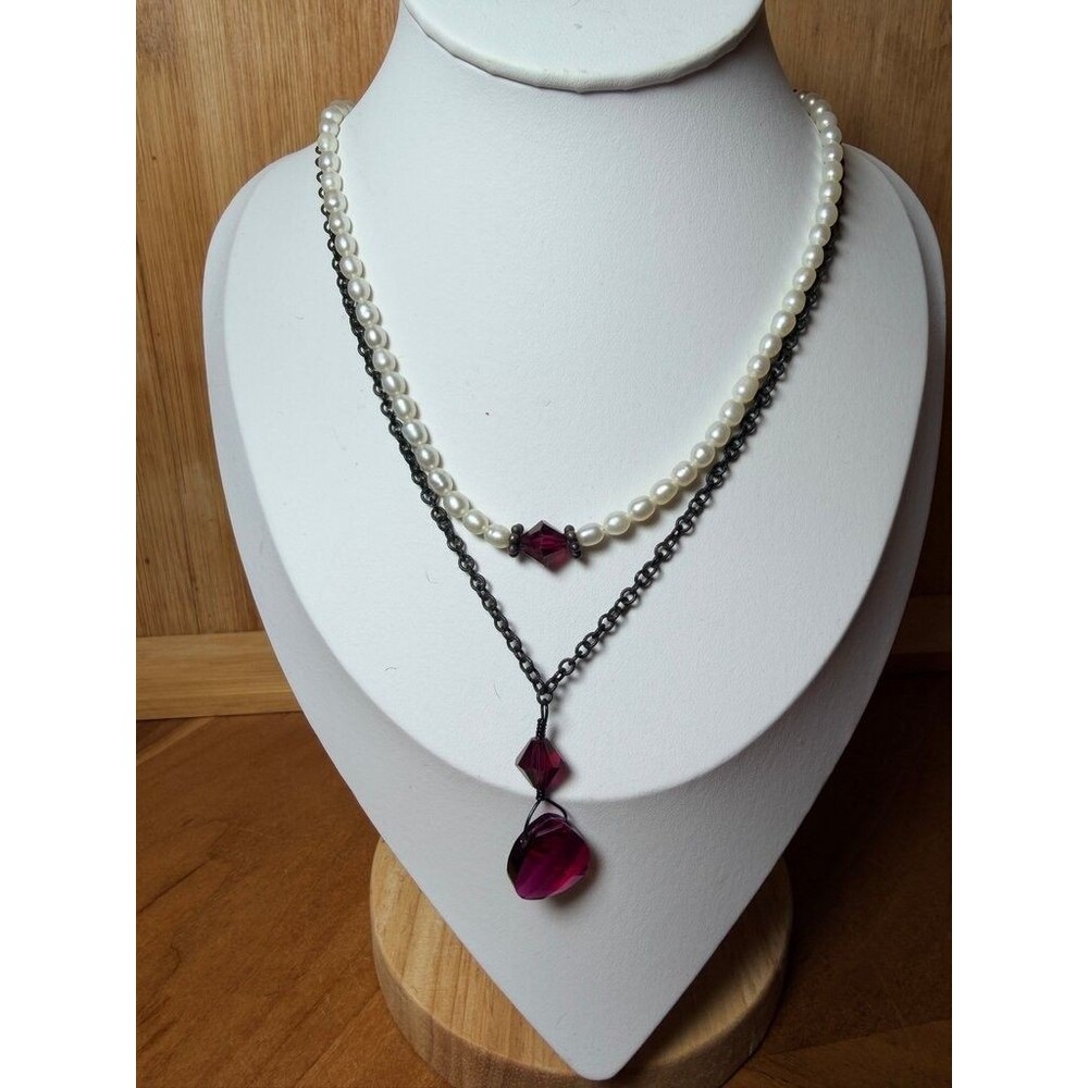 Vintage Pearl and Crystal Necklace with Black Chain